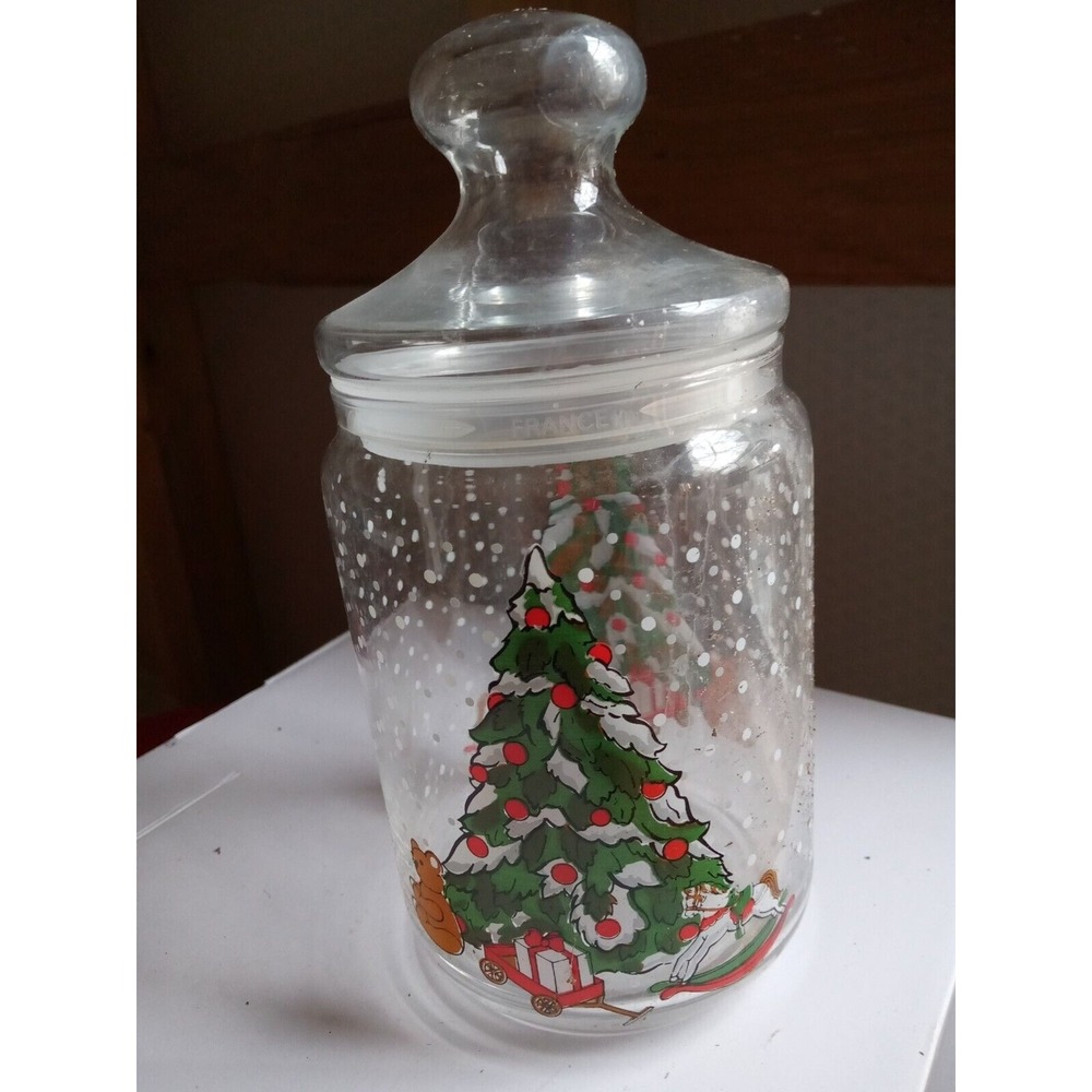 Vintage Christmas Tree & Toys Clear Glass Candy Treat Jar With Lid EUC‎